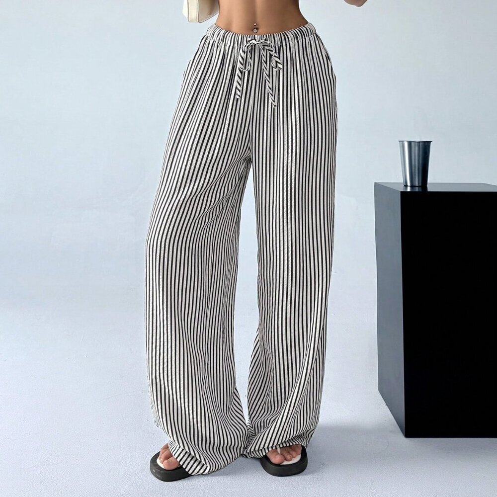 Black And White Casual Women's Striped & Printed Long Pants